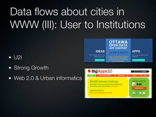 Data ﬂows about cities in
WWW (III): User to Institutions

U2I
Strong Growth
Web 2.0 & Urban informatics
 