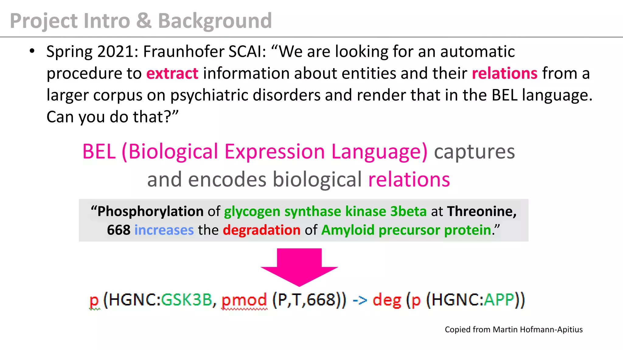 Project Intro & Background
• Spring 2021: Fraunhofer SCAI: “We are looking for an automatic
procedure to extract information about entities and their relations from a
larger corpus on psychiatric disorders and render that in the BEL language.
Can you do that?”
“Phosphorylation of glycogen synthase kinase 3beta at Threonine,
668 increases the degradation of Amyloid precursor protein.”
BEL (Biological Expression Language) captures
and encodes biological relations
Copied from Martin Hofmann-Apitius
 