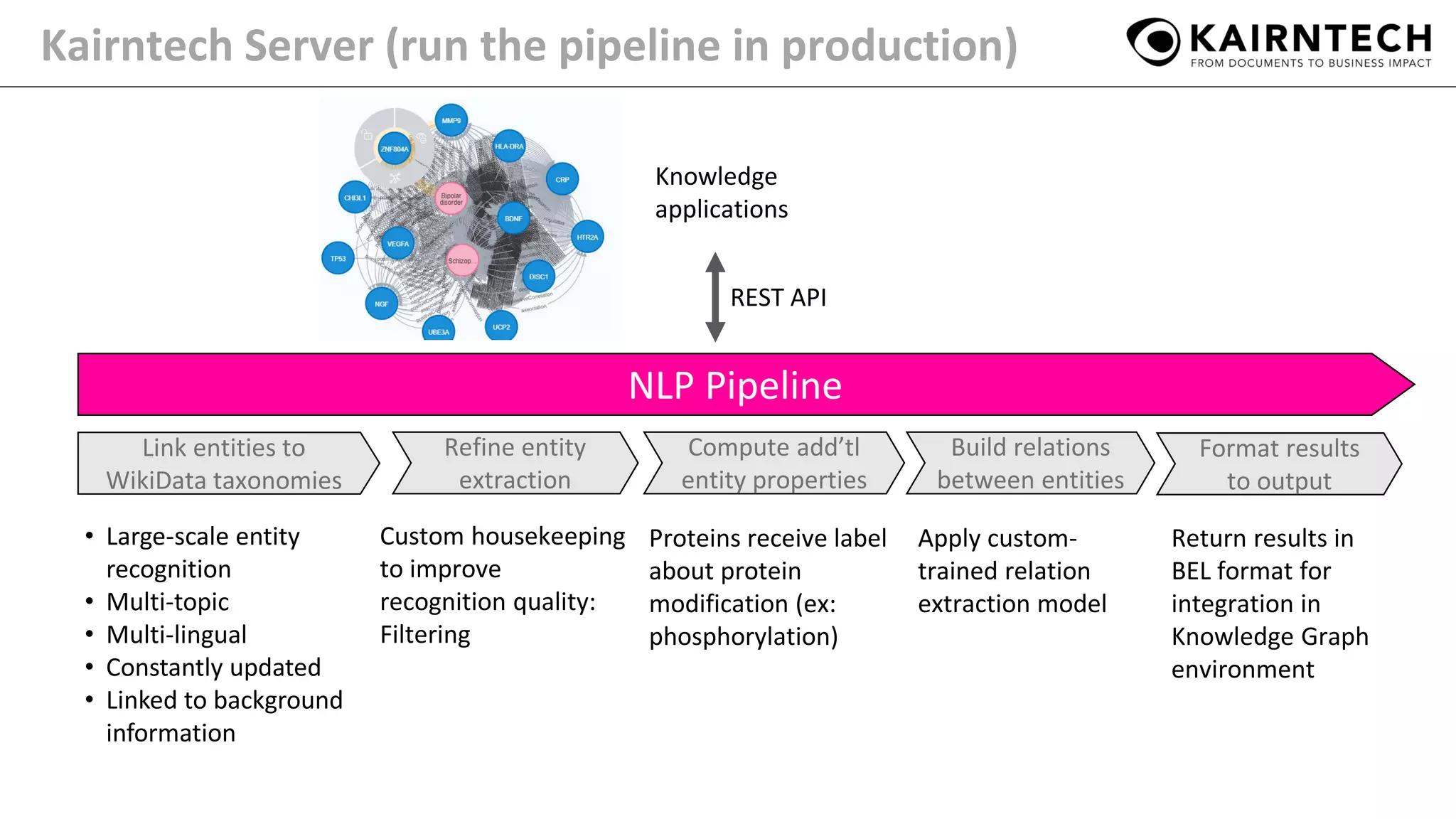 Kairntech Server (run the pipeline in production)
REST API
Link entities to
WikiData taxonomies
Custom housekeeping
to improve
recognition quality:
Filtering
Refine entity
extraction
NLP Pipeline
Knowledge
applications
• Large-scale entity
recognition
• Multi-topic
• Multi-lingual
• Constantly updated
• Linked to background
information
Compute add’tl
entity properties
Proteins receive label
about protein
modification (ex:
phosphorylation)
Build relations
between entities
Format results
to output
Apply custom-
trained relation
extraction model
Return results in
BEL format for
integration in
Knowledge Graph
environment
 