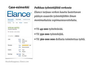 Case-esimerkki            Palkkaa työntekijöitä verkosta
                             Elance tarjoaa verkon kautta luotettavan
                             pääsyn osaaviin työntekijöihin ilman
                             monimutkaisia sopimusneuvotteluita.


                             • Yli 49 000 työtehtävää.
                             • Yli 350 000 työntekijää.
                             • Yli 360 000 000 dollaria toimitettua työtä.




Ruudunkaappaus: Elance.com
 