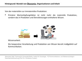 Hintergrund: Wandel von Ökonomie, Organisationen und Arbeit


Von der materiellen zur immateriellen Produktion:
    Primärer Wertschöpfungsfaktor ist nicht mehr die materielle Produktion,
     sondern das in Produkten und Dienstleistungen enthaltene Wissen.




     Wissensarbeit:
     Die kooperative Verarbeitung und Produktion von Wissen beruht maßgeblich auf
     Kommunikation.



Alexander Stoll, Technische Universität Berlin, Institut für Soziologie, FG Kommunikations- und Mediensoziologie /
Geschlechterforschung (Prof. Dr. Christiane Funken)
 