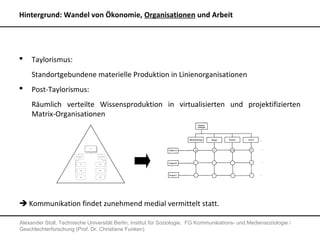Hintergrund: Wandel von Ökonomie, Organisationen und Arbeit




    Taylorismus:
     Standortgebundene materielle Produktion in Linienorganisationen
    Post-Taylorismus:
     Räumlich verteilte Wissensproduktion in virtualisierten und projektifizierten
     Matrix-Organisationen




 Kommunikation findet zunehmend medial vermittelt statt.

Alexander Stoll, Technische Universität Berlin, Institut für Soziologie, FG Kommunikations- und Mediensoziologie /
Geschlechterforschung (Prof. Dr. Christiane Funken)
 