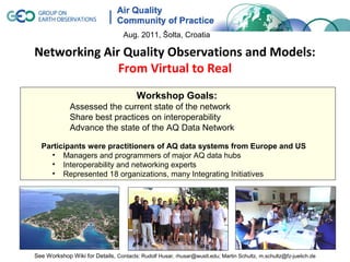 Aug. 2011, Šolta, Croatia

Networking Air Quality Observations and Models:
              From Virtual to Real
                                        Workshop Goals:
              Assessed the current state of the network
              Share best practices on interoperability
              Advance the state of the AQ Data Network

  Participants were practitioners of AQ data systems from Europe and US
    • Managers and programmers of major AQ data hubs
    • Interoperability and networking experts
    • Represented 18 organizations, many Integrating Initiatives




See Workshop Wiki for Details, Contacts: Rudolf Husar, rhusar@wustl.edu; Martin Schultz, m.schultz@fz-juelich.de
 