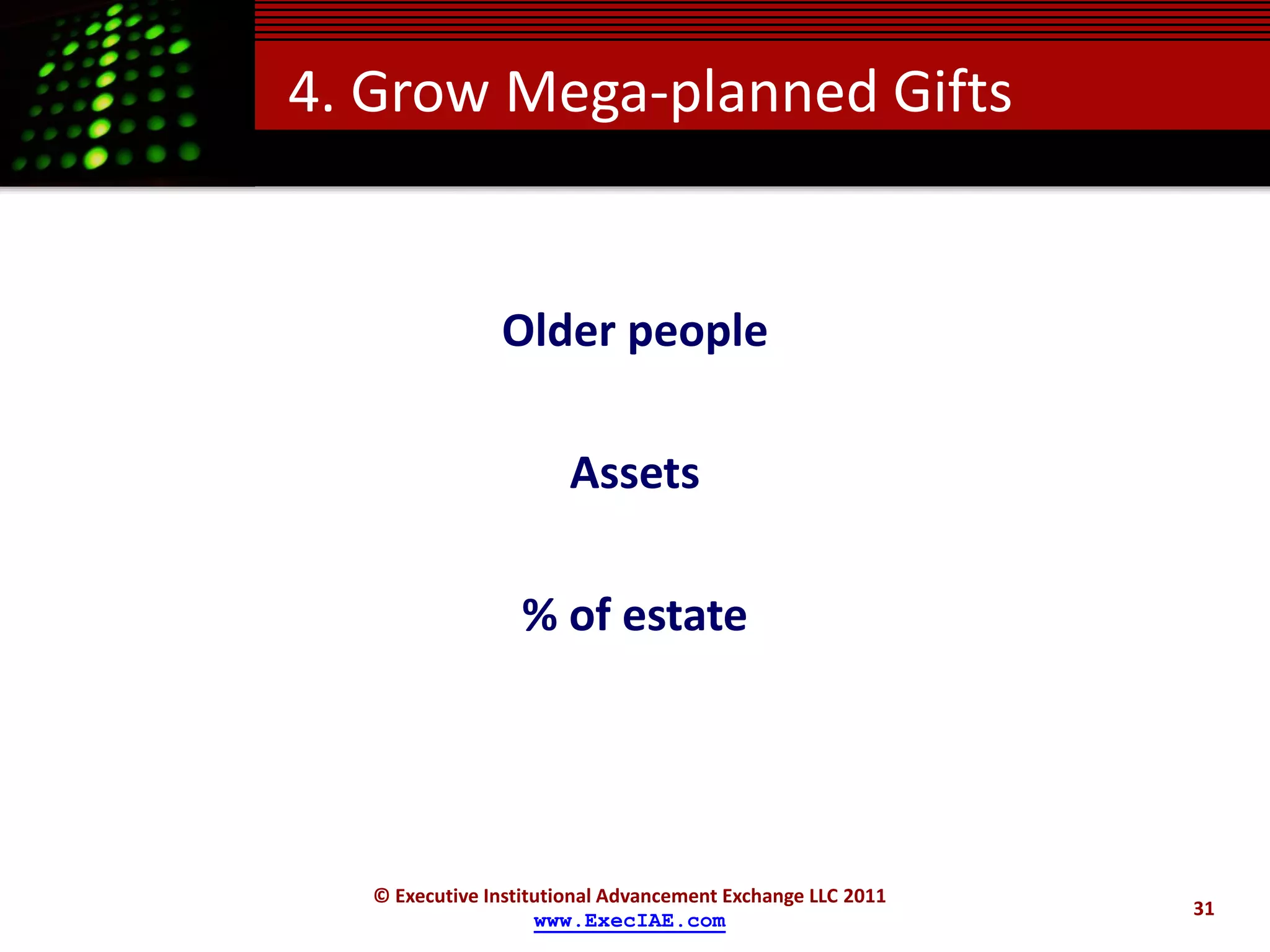 4. Grow Mega-planned Gifts


                Older people

                        Assets

                  % of estate




   © Executive Institutional Advancement Exchange LLC 2011
                                                             31
                     www.ExecIAE.com
 