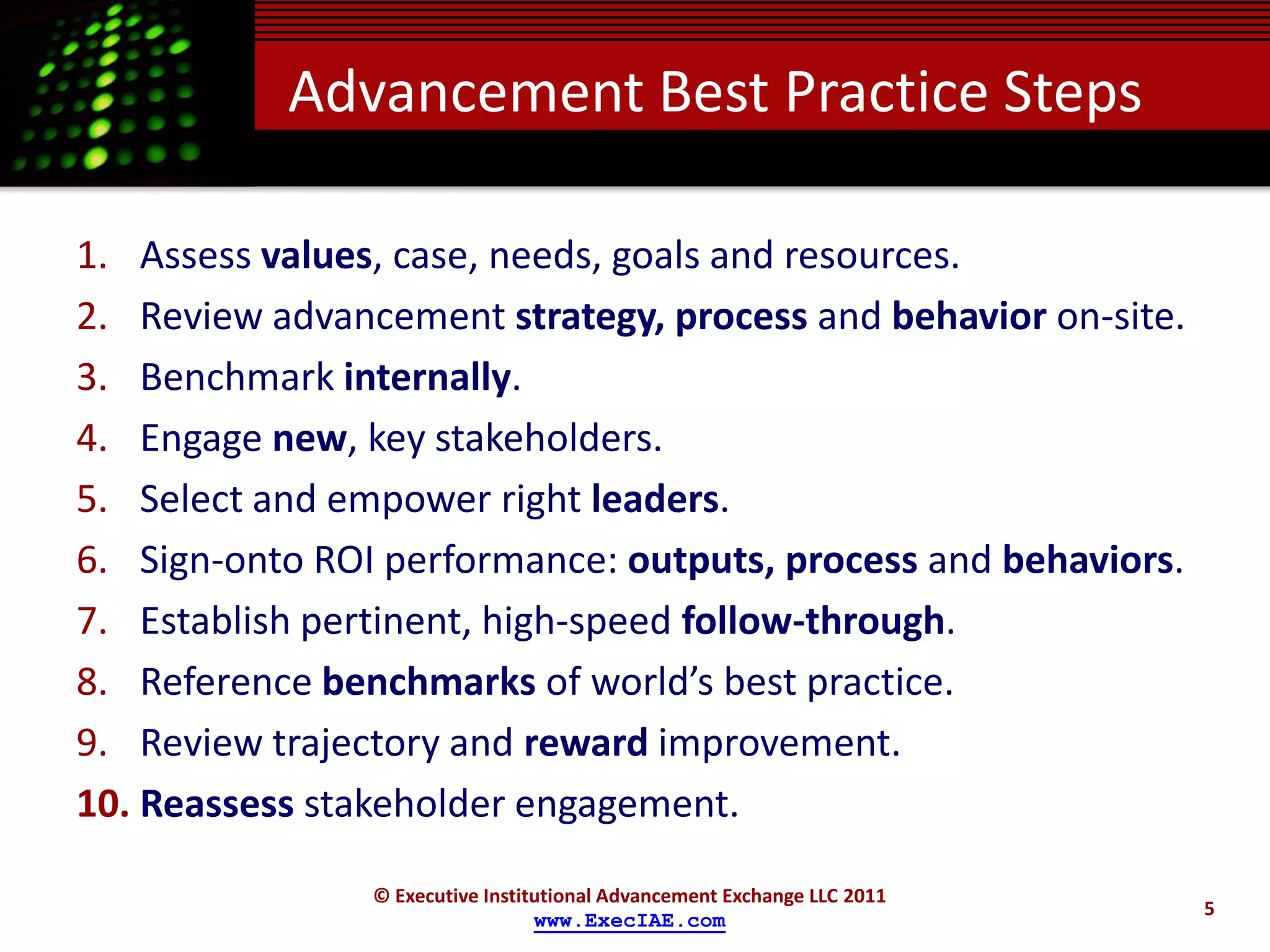 Advancement Best Practice Steps

1. Assess values, case, needs, goals and resources.
2. Review advancement strategy, process and behavior on-site.
3. Benchmark internally.
4. Engage new, key stakeholders.
5. Select and empower right leaders.
6. Sign-onto ROI performance: outputs, process and behaviors.
7. Establish pertinent, high-speed follow-through.
8. Reference benchmarks of world’s best practice.
9. Review trajectory and reward improvement.
10. Reassess stakeholder engagement.

                © Executive Institutional Advancement Exchange LLC 2011
                                                                          5
                                  www.ExecIAE.com
 