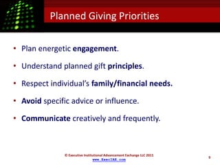 Planned Giving Priorities

• Plan energetic engagement.

• Understand planned gift principles.

• Respect individual’s family/financial needs.

• Avoid specific advice or influence.

• Communicate creatively and frequently.



               © Executive Institutional Advancement Exchange LLC 2011
                                                                         9
                                 www.ExecIAE.com
 