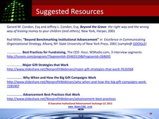 Suggested Resources
Gerard M. Condon, Esq and Jeffrey L. Condon, Esq, Beyond the Grave: the right way and the wrong
way of leaving money to your children (and others), New York, Harper, 2001

Rod Miller, “Beyond Benchmarking Institutional Advancement” in Excellence in Communicating
Organizational Strategy, Albany, NY: State University of New York Press, 2001 (sample@ GOOGLE)

……………... Best Practices for Fundraising, The CEO Hour, WSRadio.com, 3 interview segments
http://tunein.com/program/?SegmentId=35465519&ProgramId=268692

……………... Major Gift Strategies that Work
http://www.slideshare.net/NonprofitWebinars/major-gift-strategies-that-work-7616568

……………... Why When and How the Big Gift Campaigns Work
http://www.slideshare.net/NonprofitWebinars/why-when-and-how-the-big-gift-campaigns-work-
7285907

……………... Advancement Best Practices that Work
http://www.slideshare.net/NonprofitWebinars/advancement-best-practices
                           © Executive Institutional Advancement Exchange LLC 2011
                                             www.ExecIAE.com

                                                                                                  36
 