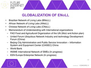 GLOBALIZATION OF ENoLL
•      Brazilian Network of Living Labs (BNoLL)
•      African Network of Living Labs (ANoLL)
•      Chinese Network of Living Labs (CNoLL)
•      Memorandum of Understanding with International organizations
     -  FAO Food and Agricultural Organization of the UN (MoU and Action plan)
     -  United Forum Ubiquitous Network Industry and technology Development
        Forum (China)
     -  Beijing City Administration and Public Service Innovation – Information
        System and Equipment Center (CAISEC) China
     -  World Bank
     -  INSME International Network of SMEs (In progress)
     -  EEN Europe Enterprise Network (In progress)
                                                                                  22	
  
 