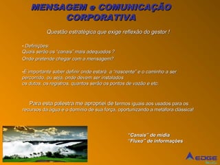 MENSAGEM e COMUNICAÇÃO
        CORPORATIVA
           Questão estratégica que exige reflexão do gestor !

- Definições:
Quais serão os “canais” mais adequados ?
Onde pretende chegar com a mensagem?

-É importante saber definir onde estará a “nascente” e o caminho a ser
percorrido, ou seja, onde devem ser instalados
os dutos, os registros, quantos serão os pontos de vazão e etc.



   Para esta palestra me apropriei de termos iguais aos usados para os
recursos da água e o domínio de sua força, oportunizando a metáfora clássica!




                                               “Canais” de mídia
                                               “Fluxo” de informações



                                                                                Mídia
 