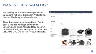 3
Ein Katalog im Business Manager ist eine
Datenbank mit einer Liste aller Produkte, für
die man Werbung schalten möchte.
...