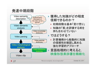 発達中期段階
  Video semantic
                       Explicit/implicit
                           p       p
                                                    獲得した知識がどの程度
    description
    d    i ti           information of
                      the video can be               信頼できるのか？
                            derived.

  Video semantic
                                                         初期段階は基本「受け売り」
     analysis                                            知識の「質」を評価する術を
                       Video knowledge
                          dictionary
                                   y
                                                          持ち合わせていない
   Video parsing                                    ではどうする？
                         Video parsing                   計算機側から能動的に知識
                           dictionary
                                                          の信頼性を確認し高める，
Video morphological
      analysis
                                                          強化学習的アプローチ
                       Video morpheme
                          dictionary                言語処理的に考えると，
                                                           考
      Video clip
               p
                                                     映像形態素辞書を精緻化
                                                                                October 20, 2011
 27                                  "Mission incomplete, but not impossible"
 