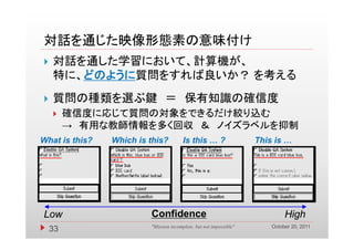 対話を通じた映像形態素の意味付け
   対話を通した学習において、計算機が、
    特に、どのように
       どのように質問をすれば良いか？ を考える
   質問の種類を選ぶ鍵 ＝ 保有知識の確信度
        確信度に応じて質問の対象をできるだけ絞り込む
         → 有用な教師情報を多く回収 ＆ ノイズラベルを抑制
What is this?   Which is this?          Is this … ?                 This is …




Low                      Confidence
                         C fid                                               High
                                                                        October 20, 2011
    33                   "Mission incomplete, but not impossible"
 
