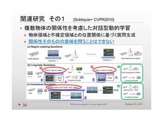 関連研究 その１                  [Siddiquie+
                          [Siddi i CVPR2010]

   複数物体の関係性を考慮した対話型動的学習
        物体領域と不確定領域との位置関係に基づく質問生成
        関係性そのものの意味を問うことはできない




           Q                                Q                     M


                                                                  A
           E                                  E
                   A
                                                                  M
               Q

                                      E
                                                                      October 20, 2011
    39                 "Mission incomplete, but not impossible"
 