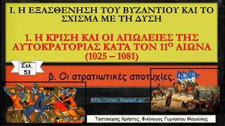 I. Η ΕΞΑΣΘΕΝΗΣΗ ΤΟΥ ΒΥΖΑΝΤΙΟΥ ΚΑΙ ΤΟ
ΣΧΙΣΜΑ ΜΕ ΤΗ ΔΥΣΗ
1. Η ΚΡΙΣΗ ΚΑΙ ΟΙ ΑΠΩΛΕΙΕΣ ΤΗΣ
ΑΥΤΟΚΡΑΤΟΡΙΑΣ ΚΑΤΆ ΤΟΝ 11Ο ΑΙΩΝΑ
(1025 – 1081)
β. Οι στρατιωτικές αποτυχίες.
Τσατσούρης Χρήστος, Φιλόλογος Γυμνασίου Μαγούλας
Σελ.
53
http://xtsat.blogspot.gr/
 