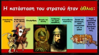 Η κατάσταση του στρατού ήταν :
Ανοργάνωτος
στρατός
Μισθοφορικός
κι όχι εθνικός
Ολιγάριθμος Φτωχός και
άοπλος
Απλήρωτος
και χωρίς
προμήθειες
Ανεκπαίδευτοι
στρατιώτες
Δειλοί και
φυγόμαχοι,
αφού
πολεμούσαν
για το
χρήμα
Χωρίς
αγωνιστικό
φρόνημα
ώστε να
θυσιάσουν
τη ζωή
τους.
 