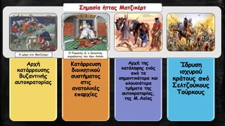 Η σημασία της μάχης στο Ματζικέρτ (1071)
Αρχή
κατάρρευσης
Βυζαντινής
αυτοκρατορίας
Κατάρρευση
διοικητικού
συστήματος
στις
ανατολικές
επαρχίες
Αρχή της
κατάληψης ενός
από τα
σημαντικότερα και
πλουσιότερα
τμήματα της
αυτοκρατορίας,
της Μ.Ασίας
Ίδρυση
ισχυρού
κράτους από
Σελτζούκους
Τούρκους
Η μάχη στο Ματζικέρτ
Ο Ρωμανός Δ΄ο Διογένης
αιχμάλωτος του Αρπ Ασλάν
Σημασία ήττας Ματζικέρτ
 