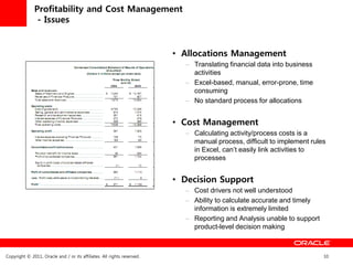 Profitability and Cost Management
               - Issues


                                                                         • Allocations Management
                                                                           – Translating financial data into business
                                                                             activities
                                                                           – Excel-based, manual, error-prone, time
                                                                             consuming
                                                                           – No standard process for allocations


                                                                         • Cost Management
                                                                           – Calculating activity/process costs is a
                                                                             manual process, difficult to implement rules
                                                                             in Excel, can’t easily link activities to
                                                                             processes


                                                                         • Decision Support
                                                                           – Cost drivers not well understood
                                                                           – Ability to calculate accurate and timely
                                                                             information is extremely limited
                                                                           – Reporting and Analysis unable to support
                                                                             product-level decision making



Copyright © 2011, Oracle and / or its affiliates. All rights reserved.                                                  10
 
