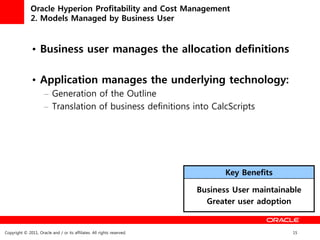 Oracle Hyperion Profitability and Cost Management
              2. Models Managed by Business User


               • Business user manages the allocation definitions

               • Application manages the underlying technology:
                      – Generation of the Outline
                      – Translation of business definitions into CalcScripts




                                                                                Key Benefits

                                                                         Business User maintainable
                                                                           Greater user adoption


Copyright © 2011, Oracle and / or its affiliates. All rights reserved.                          15
 