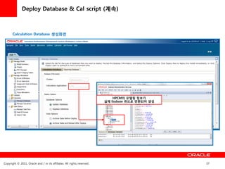 Deploy Database & Cal script (계속)



       Calculation Database 생성화면




                                                                             HPCM의 모델링 정보가
                                                                         실제 Essbase 큐브로 변홖되어 생성




Copyright © 2011, Oracle and / or its affiliates. All rights reserved.                            37
 