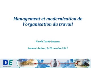 Management et modernisation de
   l’organisation du travail


            Nicole Turbé-Suetens

      Aumont-Aubrac, le 28 octobre 2011
 