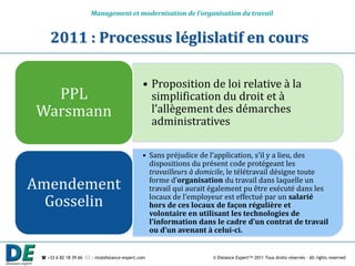 Management et modernisation de l’organisation du travail


     2011 : Processus léglislatif en cours

                                              • Proposition de loi relative à la
  PPL                                           simplification du droit et à
Warsmann                                        l’allègement des démarches
                                                administratives

                                              • Sans préjudice de l’application, s’il y a lieu, des
                                                dispositions du présent code protégeant les
                                                travailleurs à domicile, le télétravail désigne toute
Amendement                                      forme d’organisation du travail dans laquelle un
                                                travail qui aurait également pu être exécuté dans les
  Gosselin                                      locaux de l’employeur est effectué par un salarié
                                                hors de ces locaux de façon régulière et
                                                volontaire en utilisant les technologies de
                                                l’information dans le cadre d’un contrat de travail
                                                ou d’un avenant à celui-ci.


  +33 6 82 18 39 66  : nts@distance-expert.com                  © Distance Expert™ 2011 Tous droits réservés – All rights reserved
 