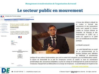 Management et modernisation de l’organisation du travail


         Le secteur public en mouvement




                                                                                 Lire par vous-même

 +33 6 82 18 39 66  : nts@distance-expert.com                               page 13
                                                           © Distance Expert™ 2011 Tous droits réservés – All rights reserved
 