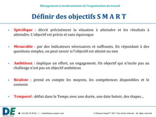 Management et modernisation de l’organisation du travail


                   Définir des objectifs S M A R T
   Spécifique : décrit précisément la situation à atteindre et les résultats à
    atteindre. L'objectif est précis et sans équivoque


   Mesurable : par des indicateurs nécessaires et suffisants. En répondant à des
    questions simples, on peut savoir si l'objectif est atteint ou non


   Ambitieux : implique un effort, un engagement. Un objectif qui n'incite pas au
    challenge n'est pas un objectif ambitieux


   Réaliste : prend en compte les moyens, les compétences disponibles et le
    contexte


   Temporel : défini dans le Temps avec une durée, une date butoir, des étapes…



       +33 6 82 18 39 66  : nts@distance-expert.com            © Distance Expert™ 2011 Tous droits réservés – All rights reserved
 