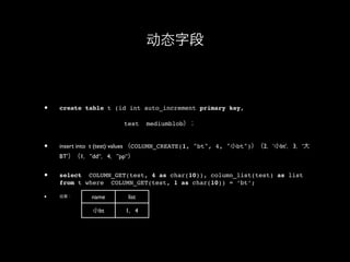ֶ̬



?   create table t (id int auto_increment primary key,

                       test    mediumblob


?   insert into t (test) values COLUMN_CREATE(1, "bt", 4, "Сbt")2Сbt3
    BT1dd4pp


?   select COLUMN_GET(test, 4 as char(10)), column_list(test) as list
    from t where COLUMN_GET(test, 1 as char(10)) = bt;

?         name       list

             Сbt       14
 