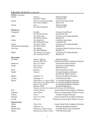 CREATIVE ACTIVITY (continued)
OPERA (continued)
Chorus Nabucco OperaColumbus
Dir. Marc Verzatt Columbus OH
Juliette Roméo et Juliette (excerpts) Central City Opera Guild
Dir. Francis Graffeo Denver CO
Chorus Tosca OperaColumbus
Dir. John Leyhmeyer Columbus OH
OPERETTA
Cunégonde Candide Crimson Creek Players
Dir. Job Christenson Grand Forks ND
Adele Die Fledermaus University of Colorado-Boulder
Dir. Dennis Jackson Boulder CO
Giulia The Gondoliers Columbus Light Opera
Dir. William Florescu Columbus OH
Chorus The Merry Widow University of Colorado-Boulder
Valencienne (understudy) Dir. Polly Liontis Boulder CO
Yum Yum The Mikado Colorado Gilbert & Sullivan Festival
Dir. Jack Eddleman Boulder CO
Mabel The Pirates of Penzance University of Colorado-Boulder
Dir. John Reed, O.B.E. Boulder CO
ORATORIO
J.S. Bach Kantate, BWV51 Boulder Sinfonia
Kantate, BWV202 Greater Grand Forks Symphony Orchestra
Beethoven Mass in C Major Grand Forks Master Chorale
Haydn The Creation University of North Dakota
The Seasons Boulder Chorale
Fauré Requiem Rocky Mountain Chorale
Handel Messiah Colorado Symphony Orchestra
Grand Forks Master Chorale
Mahler Symphony # 4 Bozeman Symphony Orchestra
de Meij Symphony # 4 UND Wind Ensemble
Mozart Grand Mass in c-minor, K427 U-Colorado Symphony Orchestra
Missa brevis in C-Major, K258 U-Colorado Symphony Orchestra
Regina Coeli, K108 U-Colorado Symphony Orchestra
Requiem, K626 Boulder Philharmonic
Vesperae solennes de confessoreUniversity of North Dakota
Orff Carmina Burana Greater Grand Forks Symphony Orchestra
Pergolesi Salve Regina Musica da camera/Opera Theatre of Lucca
Poulenc Gloria Littleton Chamber Orchestra
Schubert Mass in G, D167 Greater Grand Forks Symphony Orchestra
Vivaldi Beatus vir Polifonica Lucchese/Opera Theatre of Lucca
ORCHESTRAL
Altube Pitete Uéru Greater Grand Forks Symphony Orchestra
Mahler Symphony # 4 Bozeman Symphony Orchestra
Mendelssohn Midsummer Night’s Dream Colorado Music Festival Orchestra
Stamp Melting of the Winter’s Snow UND Wind Ensemble
!5
 
