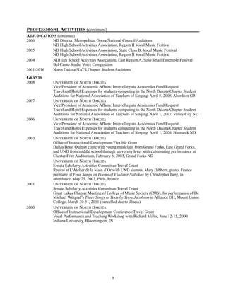 PROFESSIONAL ACTIVITIES (continued)
ADJUDICATIONS (continued)
2006 ND District, Metropolitan Opera National Council Auditions
ND High School Activities Association, Region II Vocal Music Festival
2005 ND High School Activities Association, State Class B, Vocal Music Festival
ND High School Activities Association, Region II Vocal Music Festival
2004 NDHigh School Activities Association, East Region A, Solo/Small Ensemble Festival
Bel Canto Studio Voice Competition
2001-2016 North Dakota NATS Chapter Student Auditions
GRANTS
2008 UNIVERSITY OF NORTH DAKOTA
Vice President of Academic Affairs: Intercollegiate Academics Fund Request
Travel and Hotel Expenses for students competing in the North Dakota Chapter Student
Auditions for National Association of Teachers of Singing. April 5, 2008, Aberdeen SD
2007 UNIVERSITY OF NORTH DAKOTA
Vice President of Academic Affairs: Intercollegiate Academics Fund Request
Travel and Hotel Expenses for students competing in the North Dakota Chapter Student
Auditions for National Association of Teachers of Singing. April 1, 2007, Valley City ND
2006 UNIVERSITY OF NORTH DAKOTA
Vice President of Academic Affairs: Intercollegiate Academics Fund Request
Travel and Hotel Expenses for students competing in the North Dakota Chapter Student
Auditions for National Association of Teachers of Singing. April 1, 2006, Bismarck ND
2003 UNIVERSITY OF NORTH DAKOTA
Office of Instructional Development/Flexible Grant
Dallas Brass Quintet clinic with young musicians from Grand Forks, East Grand Forks,
and UND from middle school through university level with culminating performance at
Chester Fritz Auditorium, February 6, 2003, Grand Forks ND
UNIVERSITY OF NORTH DAKOTA
Senate Scholarly Activities Committee Travel Grant
Recital at L’Atelier de la Main d’Or with UND alumna, Mary Dibbern, piano. France
premiere of Four Songs on Poems of Vladimir Nabokov by Christopher Berg, in
attendance. May 25, 2003, Paris, France
2001 UNIVERSITY OF NORTH DAKOTA
Senate Scholarly Activities Committee Travel Grant
Great Lakes Chapter Meeting of College of Music Society (CMS), for performance of Dr.
Michael Wittgraf’s Three Songs to Texts by Terry Jacobson in Alliance OH, Mount Union
College, March 30-31, 2001 (cancelled due to illness)
2000 UNIVERSITY OF NORTH DAKOTA
Office of Instructional Development Conference/Travel Grant
Vocal Performance and Teaching Workshop with Richard Miller, June 12-15, 2000
Indiana University, Bloomington, IN 
!8
 