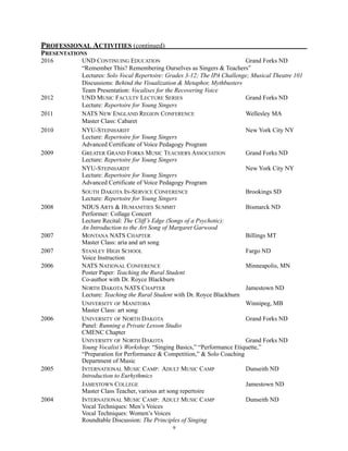 PROFESSIONAL ACTIVITIES (continued)
PRESENTATIONS
2016 UND CONTINUING EDUCATION Grand Forks ND
“Remember This? Remembering Ourselves as Singers & Teachers”
Lectures: Solo Vocal Repertoire: Grades 3-12; The IPA Challenge; Musical Theatre 101
Discussions: Behind the Visualization & Metaphor, Mythbusters
Team Presentation: Vocalises for the Recovering Voice
2012 UND MUSIC FACULTY LECTURE SERIES Grand Forks ND
Lecture: Repertoire for Young Singers
2011 NATS NEW ENGLAND REGION CONFERENCE Wellesley MA
Master Class: Cabaret
2010 NYU-STEINHARDT New York City NY
Lecture: Repertoire for Young Singers
Advanced Certificate of Voice Pedagogy Program
2009 GREATER GRAND FORKS MUSIC TEACHERS ASSOCIATION Grand Forks ND
Lecture: Repertoire for Young Singers
NYU-STEINHARDT New York City NY
Lecture: Repertoire for Young Singers
Advanced Certificate of Voice Pedagogy Program
SOUTH DAKOTA IN-SERVICE CONFERENCE Brookings SD
Lecture: Repertoire for Young Singers
2008 NDUS ARTS & HUMANITIES SUMMIT Bismarck ND
Performer: Collage Concert
Lecture Recital: The Cliff’s Edge (Songs of a Psychotic):
An Introduction to the Art Song of Margaret Garwood
2007 MONTANA NATS CHAPTER Billings MT
Master Class: aria and art song
2007 STANLEY HIGH SCHOOL Fargo ND
Voice Instruction
2006 NATS NATIONAL CONFERENCE Minneapolis, MN
Poster Paper: Teaching the Rural Student
Co-author with Dr. Royce Blackburn
NORTH DAKOTA NATS CHAPTER Jamestown ND
Lecture: Teaching the Rural Student with Dr. Royce Blackburn
UNIVERSITY OF MANITOBA Winnipeg, MB
Master Class: art song
2006 UNIVERSITY OF NORTH DAKOTA Grand Forks ND
Panel: Running a Private Lesson Studio
CMENC Chapter
UNIVERSITY OF NORTH DAKOTA Grand Forks ND
Young Vocalist’s Workshop: “Singing Basics,” “Performance Etiquette,”
“Preparation for Performance & Competition,” & Solo Coaching
Department of Music
2005 INTERNATIONAL MUSIC CAMP: ADULT MUSIC CAMP Dunseith ND
Introduction to Eurhythmics
JAMESTOWN COLLEGE Jamestown ND
Master Class Teacher, various art song repertoire
2004 INTERNATIONAL MUSIC CAMP: ADULT MUSIC CAMP Dunseith ND
Vocal Techniques: Men’s Voices
Vocal Techniques: Women’s Voices
Roundtable Discussion: The Principles of Singing 
!9
 