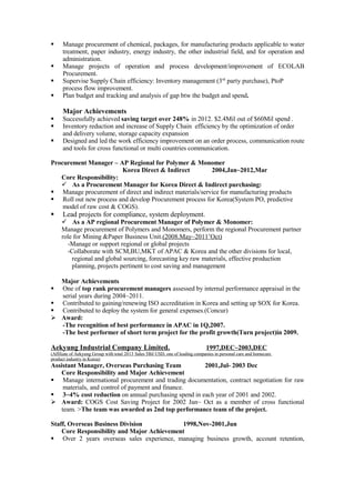  Manage procurement of chemical, packages, for manufacturing products applicable to water
treatment, paper industry, energy industry, the other industrial field, and for operation and
administration.
 Manage projects of operation and process development/improvement of ECOLAB
Procurement.
 Supervise Supply Chain efficiency: Inventory management (3rd
party purchase), PtoP
process flow improvement.
 Plan budget and tracking and analysis of gap btw the budget and spend.
Major Achievements
 Successfully achieved saving target over 248% in 2012. $2.4Mil out of $60Mil spend .
 Inventory reduction and increase of Supply Chain efficiency by the optimization of order
and delivery volume, storage capacity expansion
 Designed and led the work efficiency improvement on an order process, communication route
and tools for cross functional or multi countries communication.
Procurement Manager – AP Regional for Polymer & Monomer
Korea Direct & Indirect 2004,Jan~2012,Mar
Core Responsibility:
 As a Procurement Manager for Korea Direct & Indirect purchasing:
 Manage procurement of direct and indirect materials/service for manufacturing products
 Roll out new process and develop Procurement process for Korea(System PO, predictive
model of raw cost & COGS).
 Lead projects for compliance, system deployment.
 As a AP regional Procurement Manager of Polymer & Monomer:
Manage procurement of Polymers and Monomers, perform the regional Procurement partner
role for Mining &Paper Business Unit.(2008.May~2011’Oct)
-Manage or support regional or global projects
-Collaborate with SCM,BU,MKT of APAC & Korea and the other divisions for local,
regional and global sourcing, forecasting key raw materials, effective production
planning, projects pertinent to cost saving and management
Major Achievements
 One of top rank procurement managers assessed by internal performance appraisal in the
serial years during 2004~2011.
 Contributed to gaining/renewing ISO accreditation in Korea and setting up SOX for Korea.
 Contributed to deploy the system for general expenses.(Concur)
 Award:
-The recognition of best performance in APAC in 1Q,2007.
-The best performer of short term project for the profit growth(Turn project)in 2009.
Aekyung Industrial Company Limited. 1997,DEC~2003,DEC
(Affiliate of Aekyung Group with total 2013 Sales 5Bil USD, one of leading companies in personal care and homecare
product industry in Korea)
Assistant Manager, Overseas Purchasing Team 2001,Jul- 2003 Dec
Core Responsibility and Major Achievement
 Manage international procurement and trading documentation, contract negotiation for raw
materials, and control of payment and finance.
 3~4% cost reduction on annual purchasing spend in each year of 2001 and 2002.
 Award: COGS Cost Saving Project for 2002 Jan~ Oct as a member of cross functional
team. >The team was awarded as 2nd top performance team of the project.
Staff, Overseas Business Division 1998,Nov-2001,Jun
Core Responsibility and Major Achievement
 Over 2 years overseas sales experience, managing business growth, account retention,
 