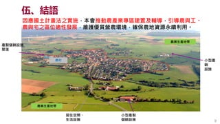 小型產
銷
設施
農村
產製儲銷設施
聚落
居住空間、
生活設施
小型產製
儲銷設施
農業生產地帶
農業生產地帶
9
伍、結語
因應國土計畫法之實施，本會推動農產業專區建置及輔導，引導農與工、
農與宅之區位適性發展，維護優質營農環境，確保農地資...
