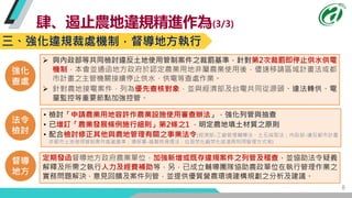 8
肆、遏止農地違規精進作為(3/3)
督導
地方
定期發函督導地方政府農業單位，加強新增或既存違規案件之列管及稽查，並協助法令疑義
解釋及所需之執行人力及經費補助等，另，已成立輔導團隊協助農政單位在執行管理作業之
實務問題解決、意見回饋及案件...