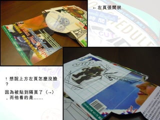 ← 左頁張開狀




↑ 想說上方左頁怎麼沒臉
？
因為被貼到隔頁了〈→〉
，而他看的是 ……
 