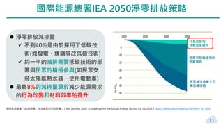 11
 淨零排放減排量
 不到40%是由於採用了低碳技
術(如發電、煉鋼等改低碳技術)
 約一半的減排需要低碳技術的部
署與民眾的積極參與(如民眾安
裝太陽能熱水器、使用電動車)
 最終8%的減排量源於減少能源需求
的行為改變和材料效率的提升
國際能源總署「2050淨零：全球能源部門路徑圖」（Net Zero by 2050: A Roadmap for the Global Energy Sector, IEA 2021/05）https://www.iea.org/reports/net-zero-by-2050
國際能源總署IEA 2050淨零排放策略
行為改變和
材料效率提升
民眾可積極使用的
低碳技術
民眾無法決策之工
業低碳技術
 