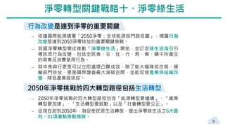 淨零轉型關鍵戰略十、淨零綠生活
9
2050年淨零挑戰的四大轉型路徑包括生活轉型
‒ 依據國際能源總署「2050淨零：全球能源部門路徑圖」，揭露行為
改變是達到2050淨零排放的重要關鍵策略。
‒ 我國淨零轉型需從推動「淨零綠生活」開始，並訂定綠生活指引引
導民眾行為改變，包括全民食、衣、住、行、育、樂、購中所產生
的商業及消費使用行為。
‒ 其中食與行更是可以立即處理凸顯成效，除了能大幅降低住商、運
輸部門排放，更是國際盤查最大減碳空間，並能促使產業供給端改
變，降低產業碳排放。
‒ 2050年淨零挑戰的四大轉型路徑包含「能源轉型要繼續」、「產業
轉型要加速」、「生活轉型要啟動」以及「社會轉型要公正」。
‒ 從現在起到2050年，為促使民眾生活轉型，提出淨零綠生活之6大面
向、31項重點推動措施。
行為改變是達到淨零的重要關鍵
 