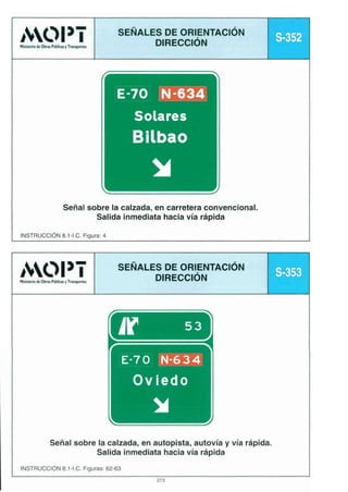 AOl 3-I

SENALES DE ORIENTACIÓN
DIRECCI~N

,

t l i l k u b & ~ m y l ~

f

1

S-352



Solares

Bilbao

m
J



Señal sobre la calzada, en carretera convencional.
Salida inmediata hacia vía rápida
INSTRUCCIÓN 8.1-I.C. Figura 4

AL>I 3-I
~

&

~

SENALESDE ORIENTACIÓN
P

~

DIRECCIÓN
~

[lr

T

~

I

53J

Ovieao

Señal sobre la calzada, en autopista, autovía y vía rápida.
Salida inmediata hacia vía rápida
INSTRUCCIÓN8.1-I.C. Figuras: 62-63
273

 
