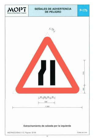 AOl 3-1

SENALES DE ADVERTENCIA

iwr**anirwaiVTW

DE PELIGRO

in I

2

1.350

Estrechamiento de calzada por la izquierda
Cotas en mm

INSTRUCCIÓN 8.1-I.C. Figuras: 32-59
45

 