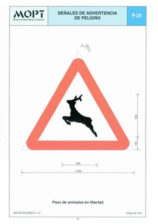 3MLM I

W h h - r T -

SEÑALES DE ADVERTENCIA
DE PELIGRO

L

t

405

Paso de animales en libertad
Cotas en mm

INSTRUCCIÓN 8.1-1.C
52

 