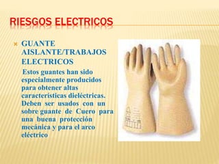 RIESGOS ELECTRICOS
 GUANTE
AISLANTE/TRABAJOS
ELECTRICOS
Estos guantes han sido
especialmente producidos
para obtener altas
características dieléctricas.
Deben ser usados con un
sobre guante de Cuero para
una buena protección
mecánica y para el arco
eléctrico
 