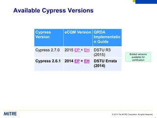 © 2013 The MITRE Corporation. All rights Reserved.
Available Cypress Versions
Cypress
Version
eCQM Version QRDA
Implementatio
n Guide
Cypress 2.7.0 2015 EP + EH DSTU R3
(2015)
Cypress 2.6.1 2014 EP + EH DSTU Errata
(2014)
Bolded versions
available for
certification
 