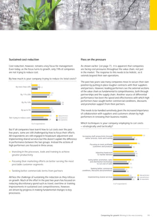 Sustained cost reduction                                                         Pass on the pressure

Cost reduction, however, remains a key focus for management.                     As shown earlier (on page 7), it is apparent that companies
Even today, as the focus turns to growth, only 19% of companies                  are facing cost pressures throughout the value chain, not just
are not trying to reduce cost.                                                   in the market. The response to this needs to be holistic, so it
                                                                                 extends beyond their own operations.
By how much is your company trying to reduce its total costs?
                                                                                 The past two years saw many companies move to secure their own
                                     7                                           position by putting in place tougher contracts with their suppliers
       By more than 20%                  10
                                     7                                           and partners. However, leading performers see the external sections
                                                                                 of the value chain as fundamental to competitiveness, both through
                                                         22
             By 11%–20%                                 21                       partnerships and the supply chain. Another source of differential
                                                   18
                                                                                 performance has been the speed and effectiveness with which high
                                                               29                performers have sought better commercial conditions, discounts
               By 5%–10%                                            34
                                                                    34           and promotion support from their partners.
                                                        21
              By up to 5%                                22                      This needs to be handled sensitively given the increased importance
                                                          23
                                                                                 of collaboration with suppliers and customers shown by high
                                                    20         High performers
Not trying to reduce costs                    14               Low performers
                                                                                 performers in renewing their business models.
                                                   19          All respondents


                             % of respondents                                    Which techniques is your company employing to cut costs
                                                                                 — strategically and tactically?
But if all companies have learnt how to cut costs over the past
few years, some are still challenged by how to focus their efforts.
All respondents are still engaged in headcount adjustment and                     Increasing staff productivity through                                           55
                                                                                      better process, tools and training                             36
implementing shared services but this doesn’t explain the difference                                                                                   40
in performance between the two groups. Instead the actions of                                                                                               45
                                                                                            ocusing on most pro table
high performers are focused in three areas:                                                   customers and products
                                                                                                                                                31
                                                                                                                                                  35

•   Investing in the processes, tools and training to achieve                                     Adjusting headcount
                                                                                                                                                      39
                                                                                                                                                       41
    greater productivity                                                                            to market demand
                                                                                                                                                       41

                                                                                         Using better promotion, sales                           34
•   Focusing their marketing efforts on better serving the most                            and distribution technology                        26
                                                                                                                                               29
    proﬁtable customer segments                                                                     to cut cost of sales
                                                                                                                                                31
                                                                                            Seeking better commercial                    22
•   Seeking better commercials terms from partners                                conditions, discounts and promotions                    24

                                                                                                                                               30            High performers
All face the challenge of sustaining the reduction as they refocus                      Implementing shared services                                 38      Low performers
                                                                                                                                                    35       All respondents
on growth. Much of the effort in the past two years has focused on
reducing discretionary spend such as travel, overtime or training.                                                         % of respondents
Improvements in sustained cost competitiveness, however,
are driven by progress in making fundamental changes to key
processess.




                                                                                                         Competing for growth Winning in the new economy                 19
 