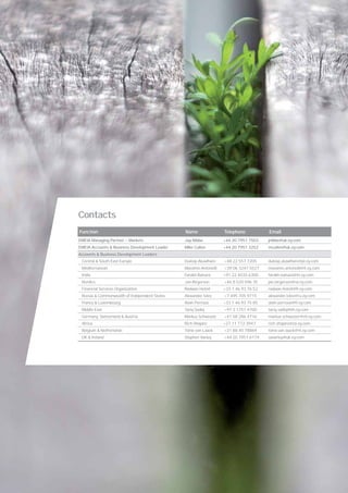 Contacts
Function                                       Name                Telephone           Email
EMEIA Managing Partner — Markets               Jay Nibbe           +44 20 7951 7503    jnibbe@uk.ey.com
EMEIA Accounts & Business Development Leader   Mike Cullen         +44 20 7951 3252    mcullen@uk.ey.com
Accounts & Business Development Leaders
 Central & South East Europe                   Duleep Aluwihare    +48 22 557 7205     duleep.aluwihare@pl.ey.com
 Mediterranean                                 Massimo Antonelli   +39 06 3247 5527    massimo.antonelli@it.ey.com
 India                                         Farokh Balsara      +91 22 4035 6300    farokh.balsara@in.ey.com
 Nordics                                       Jan Birgerson       +46 8 520 596 35    jan.birgerson@se.ey.com
 Financial Services Organization               Radwan Hoteit       +33 1 46 93 76 52   radwan.hoteit@fr.ey.com
 Russia & Commonwealth of Independent States   Alexander Ivlev     +7 495 705 9715     alexander.ivlev@ru.ey.com
 France & Luxembourg                           Alain Perroux       +33 1 46 93 75 85   alain.perroux@fr.ey.com
 Middle East                                   Tariq Sadiq         +97 3 1751 4700     tariq.sadiq@bh.ey.com
 Germany, Switzerland & Austria                Markus Schweizer    +41 58 286 4716     markus.schweizer@ch.ey.com
 Africa                                        Rich Shapiro        +27 11 772 3947     rich.shapiro@za.ey.com
 Belgium & Netherlands                         Toine van Laack     +31 88 40 78869     toine.van.laack@nl.ey.com
 UK & Ireland                                  Stephen Varley      +44 20 7951 6174    savarley@uk.ey.com
 