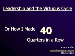 Leadership and the Virtuous Cycle



Or How I Made
                 40
           Quarters in a Row
                                  mark leslie
                      mleslie@leslieventures.com
                                   650/561-1228
 