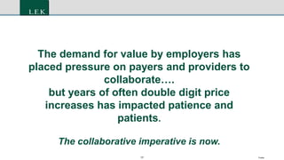 17 Footer
The demand for value by employers has
placed pressure on payers and providers to
collaborate….
but years of often double digit price
increases has impacted patience and
patients.
The collaborative imperative is now.
 