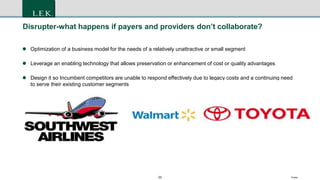 22 Footer
Disrupter-what happens if payers and providers don’t collaborate?
 Optimization of a business model for the needs of a relatively unattractive or small segment
 Leverage an enabling technology that allows preservation or enhancement of cost or quality advantages
 Design it so Incumbent competitors are unable to respond effectively due to legacy costs and a continuing need
to serve their existing customer segments
 