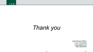 24 Footer
Thank you
Linde Finsrud Wilson
L.E.K. Consulting
l.wilson@lek.com
(857) 265-5618
 