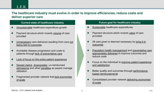 3 FooterSource: L.E.K. research and analysis
Current state of healthcare industry
 Unsustainable healthcare expenditure growth
 Payment structure which incents volume of care
provided
 Unnecessary care delivered resulting from care not
being tied to outcomes
 Avoidable disease progression and costs to
patients through lack of preventative care
 Lack of focus on the entire patient experience
 Denied claims, downgrades, un-reimbursed
admissions and other penalties as payers manage
utilization
 Fragmented provider network that lack economies
of scale
Future goal for healthcare industry
 Sustainable healthcare expenditures
 Payment structure which incents value of care
provided
 All care given is deemed necessary by tying it to
outcomes
 Population health management and preventative care
appropriately delivered to improve outcomes and
reduce costs
 Focus on the individual to improve patient experience
and satisfaction
 Better quality and outcomes through performance-
based reimbursements
 Consolidated provider network delivering economies
of scale
The healthcare industry must evolve in order to improve efficiencies, reduce costs and
deliver superior care
 
