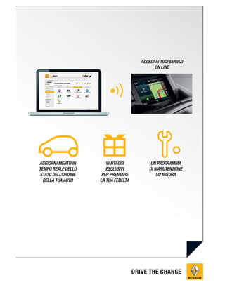 AGGIORNAMENTO IN
TEMPO REALE DELLO
STATO DELL’ORDINE
DELLA TUA AUTO
UN PROGRAMMA
DI MANUTENZIONE
SU MISURA
VANTAGGI
ESCLUSIVI
PER PREMIARE
LA TUA FEDELTÀ
ACCEDI AI TUOI SERVIZI
ON LINE
DRIVE THE CHANGE
 
